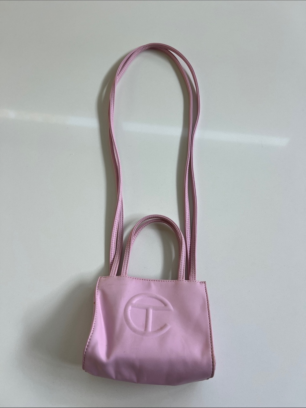 Telfar mini small bubblegum light pink faux leather shopping bag crossbody purse